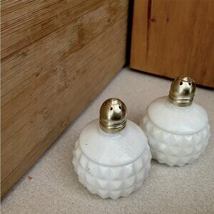 Vintage Hobnail White Milk Glass Salt & Pepper Shakers Made in Japan Gold Topped